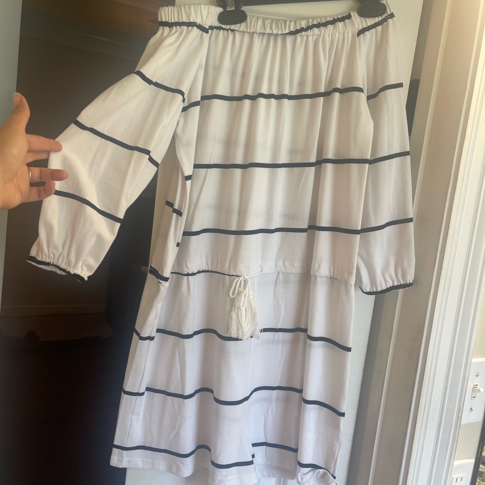 White and Blue Striped Off the Shoulder Summer Romper! Never worn, size Medium